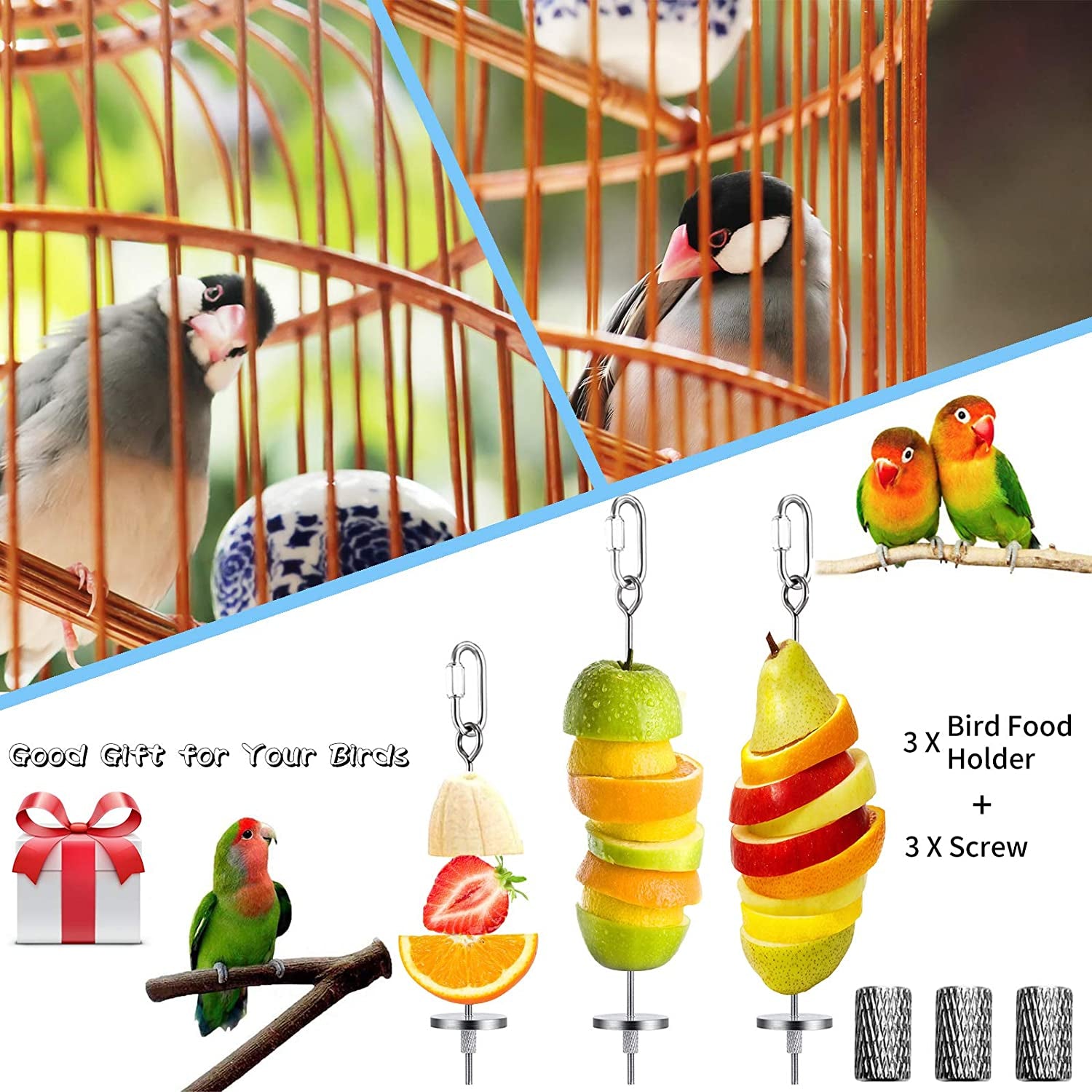 3Pcs Bird Food Holder, Bird Feeder Toy, Stainless Steel Small Animal Fruit Vegetable Stick Skewer, Foraging Hanging Food Feeding Treating Tool for Parrots Cockatoo Cockatiel Cage