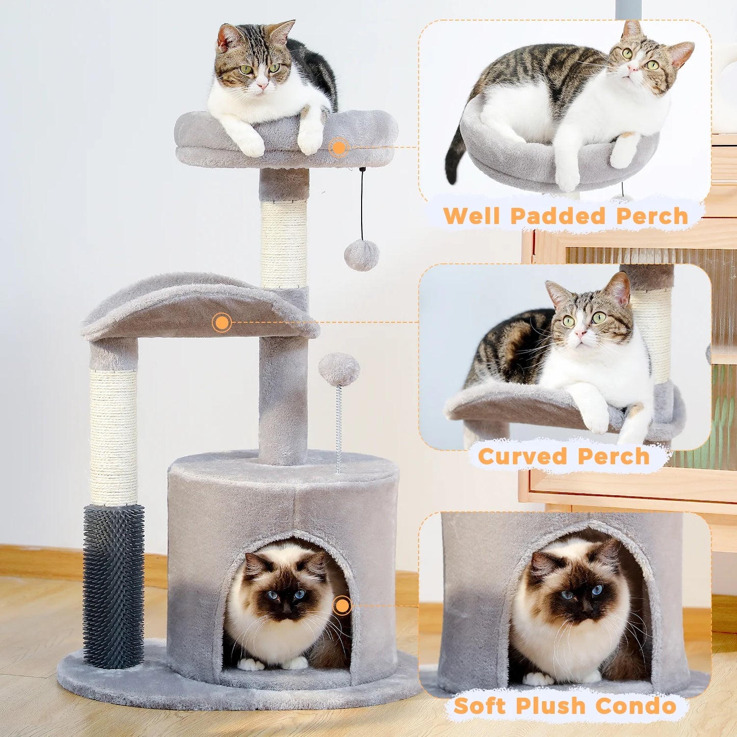 32.7" Cat Tree Small Cat Tower Kitten Scratching Posts Condo with Sefl-Grooming Toy, Gray