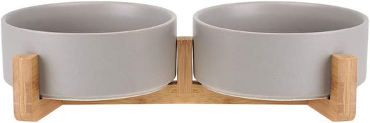 Ceramic Cat Dog Bowl Dish with Wood Stand No Spill Pet Food Water Feeder Cats Small Dogs Set of 2